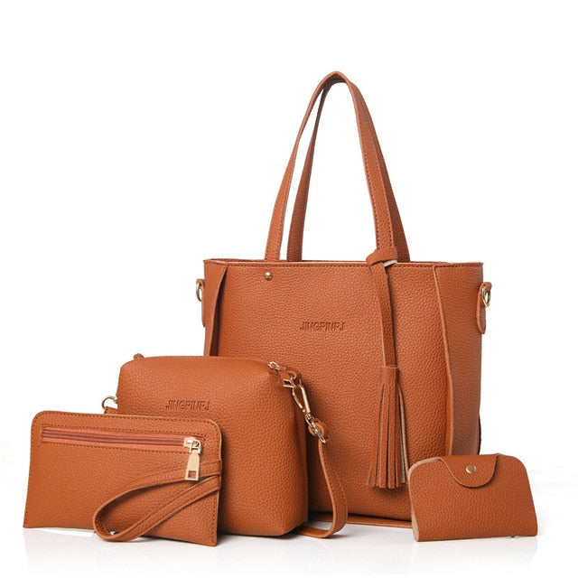 Women Bag Set Top-Handle Big Capacity Female Tassel Handbag Fashion Shoulder Bag Purse Ladies PU Leather Crossbody Bag - Semper Fi Leather